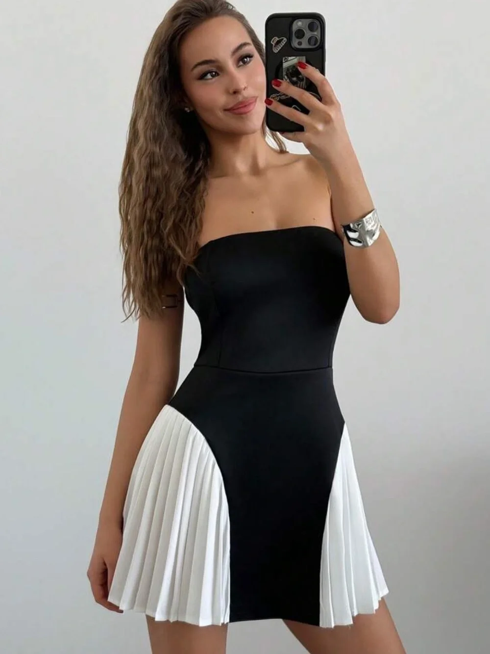 Strapless Black & White Pleated Mini Dress - Picture 1 of 6